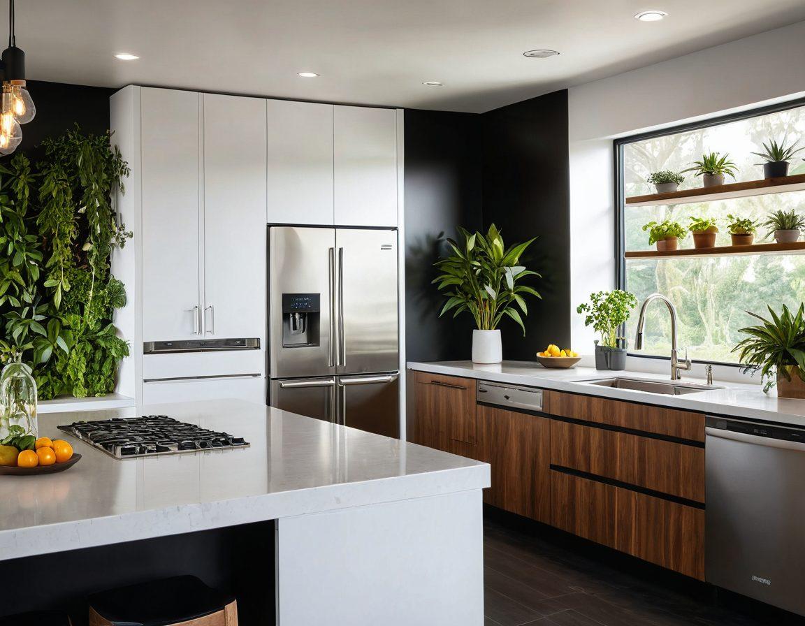A modern kitchen showcasing Norcold appliances, emphasizing their sleek design and energy-efficient features. Include a green plant to symbolize sustainability and a subtle glow to indicate energy savings. Show an expert figure providing tips, with infographics illustrating energy efficiency. The atmosphere should be bright and inviting. super-realistic. vibrant colors.