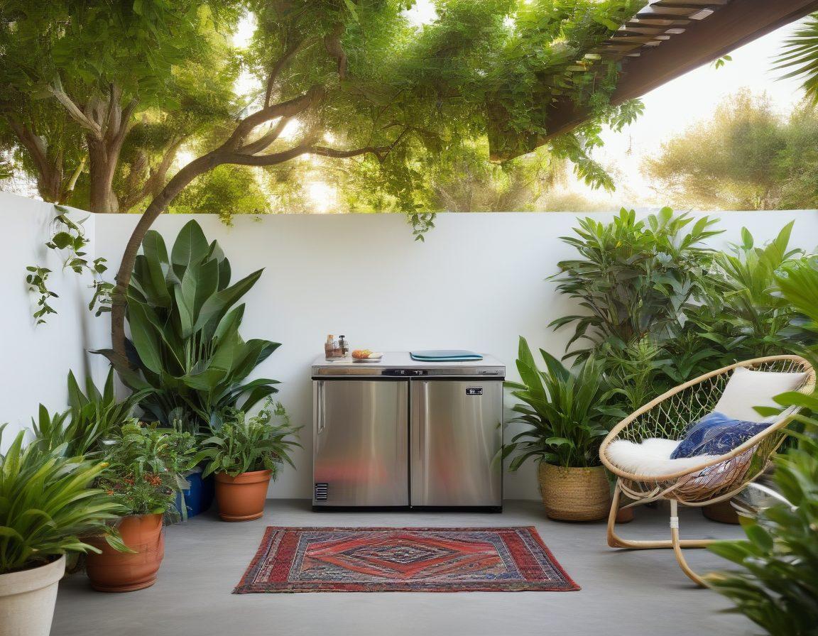 A serene, organized outdoor space featuring a Norcold refrigerator, surrounded by vibrant plants and a hammock to emphasize relaxation. Include essential maintenance tools neatly arranged nearby, such as a spray bottle and microfiber cloth. Soft sunlight filtering through trees enhances the tranquil atmosphere, giving a sense of coolness and comfort. super-realistic. vibrant colors. white background.