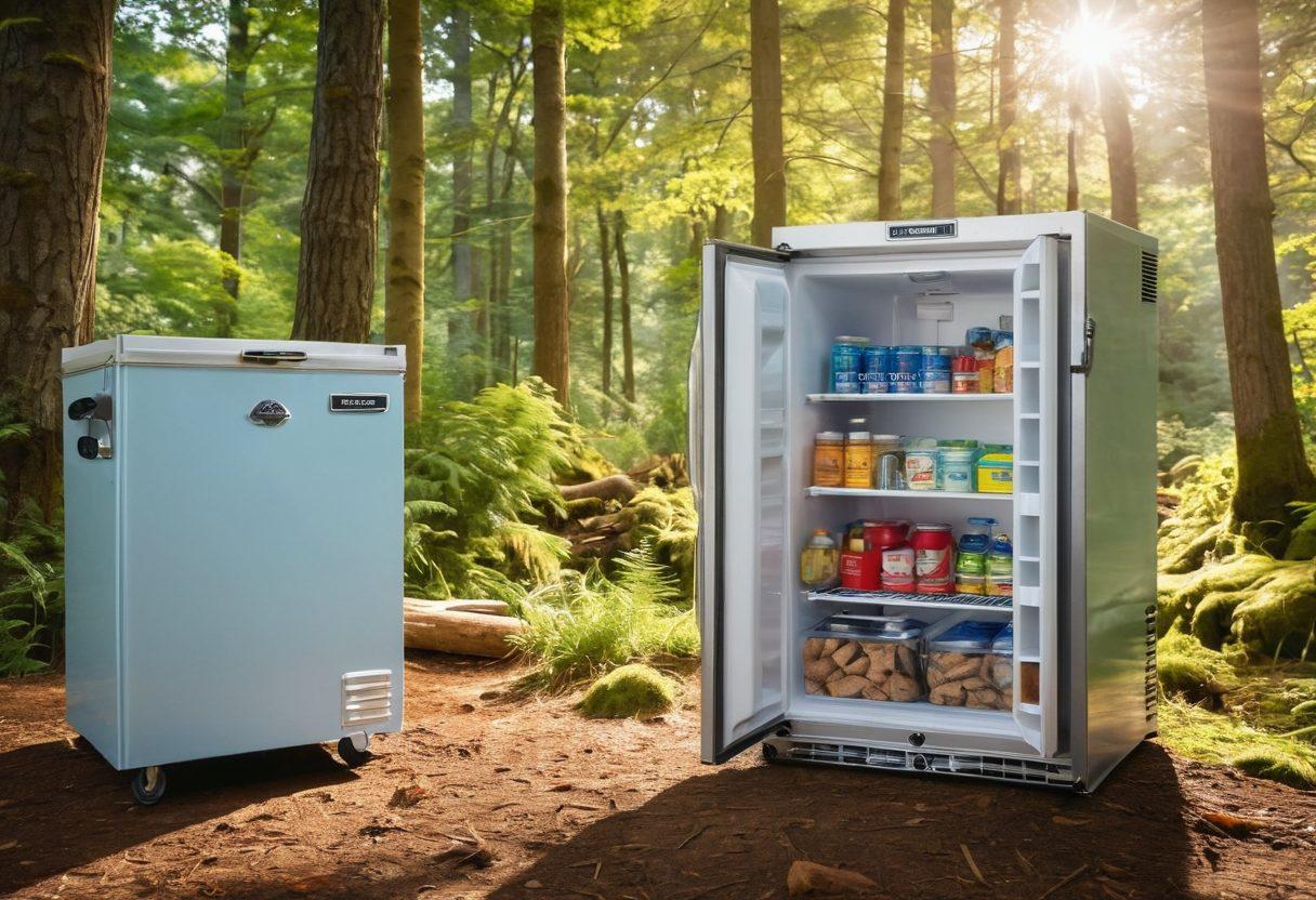 A split image depicting a Norcold freezer on the left and a cooler on the right, both gleaming and well-maintained. Include tools such as a wrench and a thermometer subtly in the foreground, highlighting maintenance. The background features a serene outdoor camping scene with trees, suggesting real-life applications of these products. Add a subtle glowing effect to emphasize the durability and efficiency of Norcold products. super-realistic. vibrant colors. 3D.